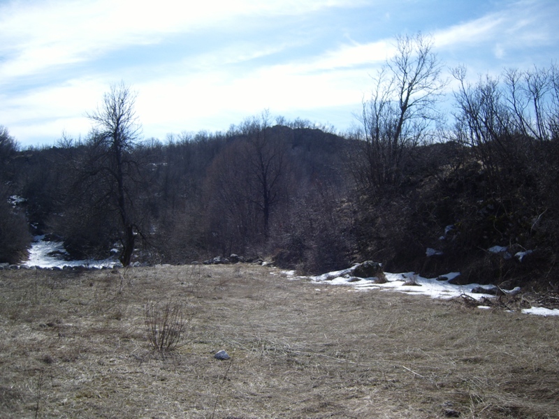 Land plot in Cetinje, Montenegro: panoramic mountain landscape with dry grass, trees, and patches of snow.