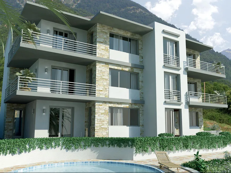 Balkonlu ve havuzlu modern bir apartmanın dış cephesi