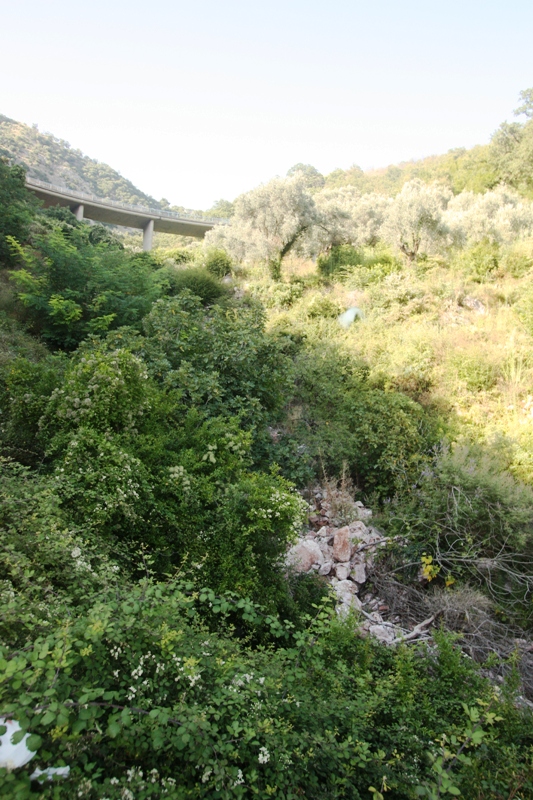 Grundstück in Petrovac, Budva, Montenegro: malerischer Blick auf einen grünen Hügel und eine Autobrücke.