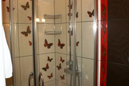 Duschkabine mit Fliesen und Schmetterlingsdekor im Badezimmer eines Hauses in Igalo, Montenegro.