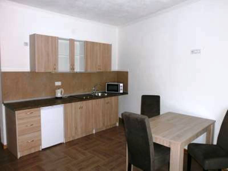 Kitchen in the Shushan mini-hotel, Montenegro: wooden cabinets, dining table and chairs, modern appliances.