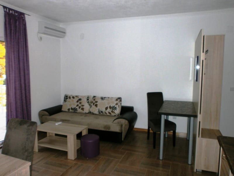Living room in the Shushan mini-hotel, Montenegro: patterned sofa, coffee table, dining area, and air conditioner.