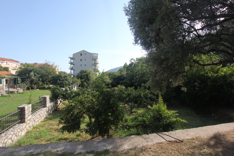 Grünes Grundstück mit Garten und Blick auf ein Wohnhaus in Budva, Montenegro. Gelände mit Bäumen und Steinmauer.
