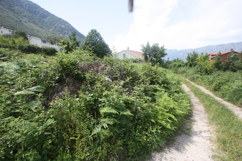 Land plot in Prčanj, Montenegro: view of the natural landscape, dirt road, and mountain scenery.