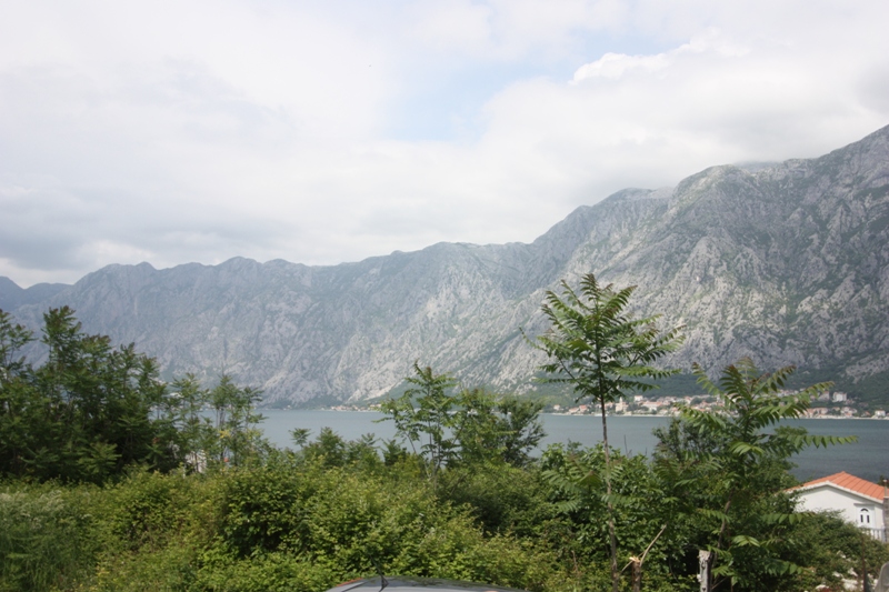 Panoramic view of the Bay of Kotor and mountains from a plot of land in Prčanj, Montenegro, surrounded by greenery.