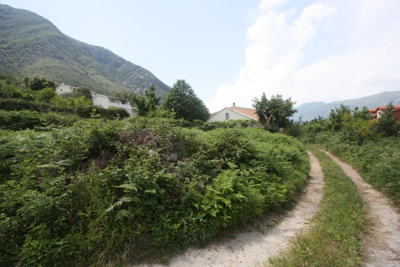 Land plot in Prčanj, Montenegro: mountain landscape view, greenery, and access road to the property.
