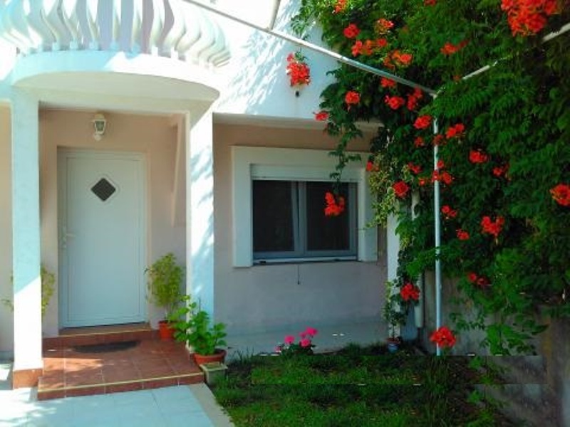 Eingang zum Haus in Mišići, Bar, Montenegro: helle Fassade, geflieste Terrasse, blühende Pflanzen und gepflegter Vorgarten.