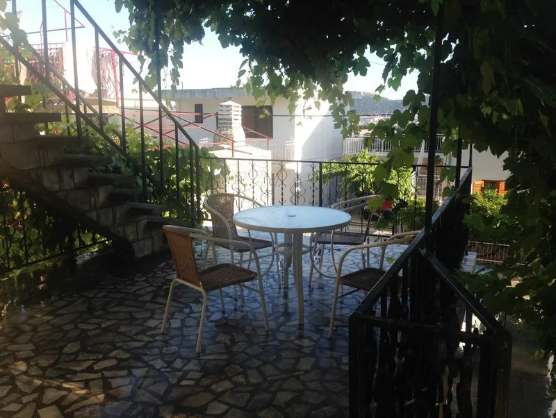 Open terrace with stone floor, white table, wicker chairs, and metal railing shaded by grapevines overlooking buildings.