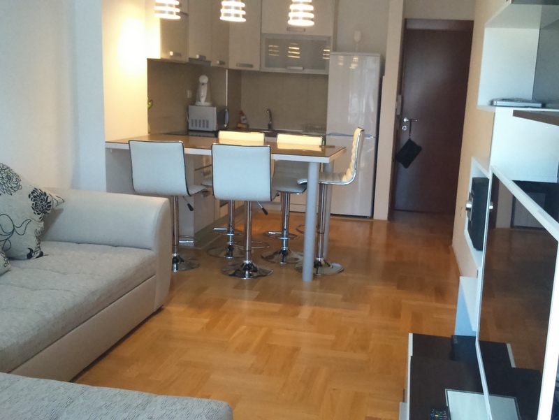 Wohnzimmer kombiniert mit Küche, ausgestattet mit einem Sofa, einem Tisch mit Barhockern und Holzboden.