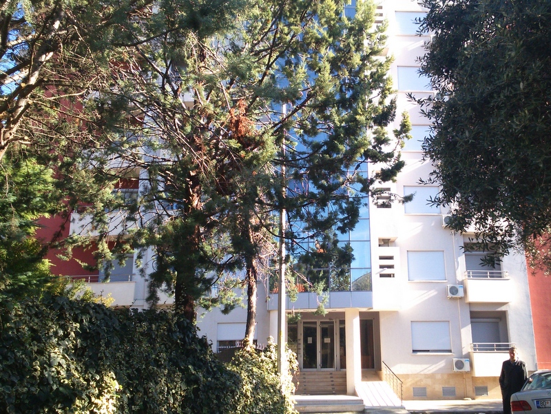 Außenansicht eines modernen Mehrfamilienhauses mit Bäumen im Vordergrund.