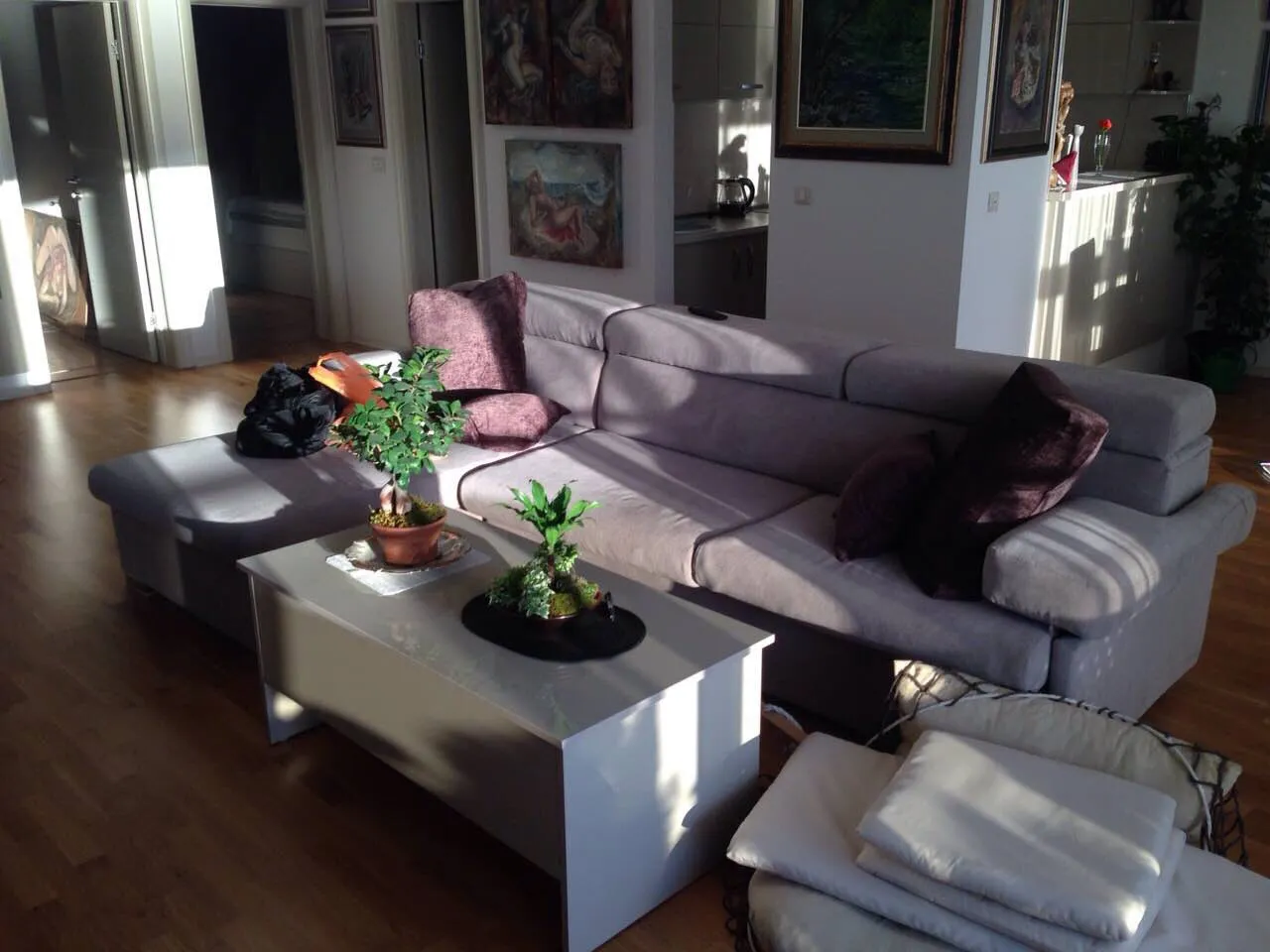 Helles Wohnzimmer mit grauem Sofa und Couchtisch in einer Wohnung in Bečići, Montenegro. Modernes Interieur.