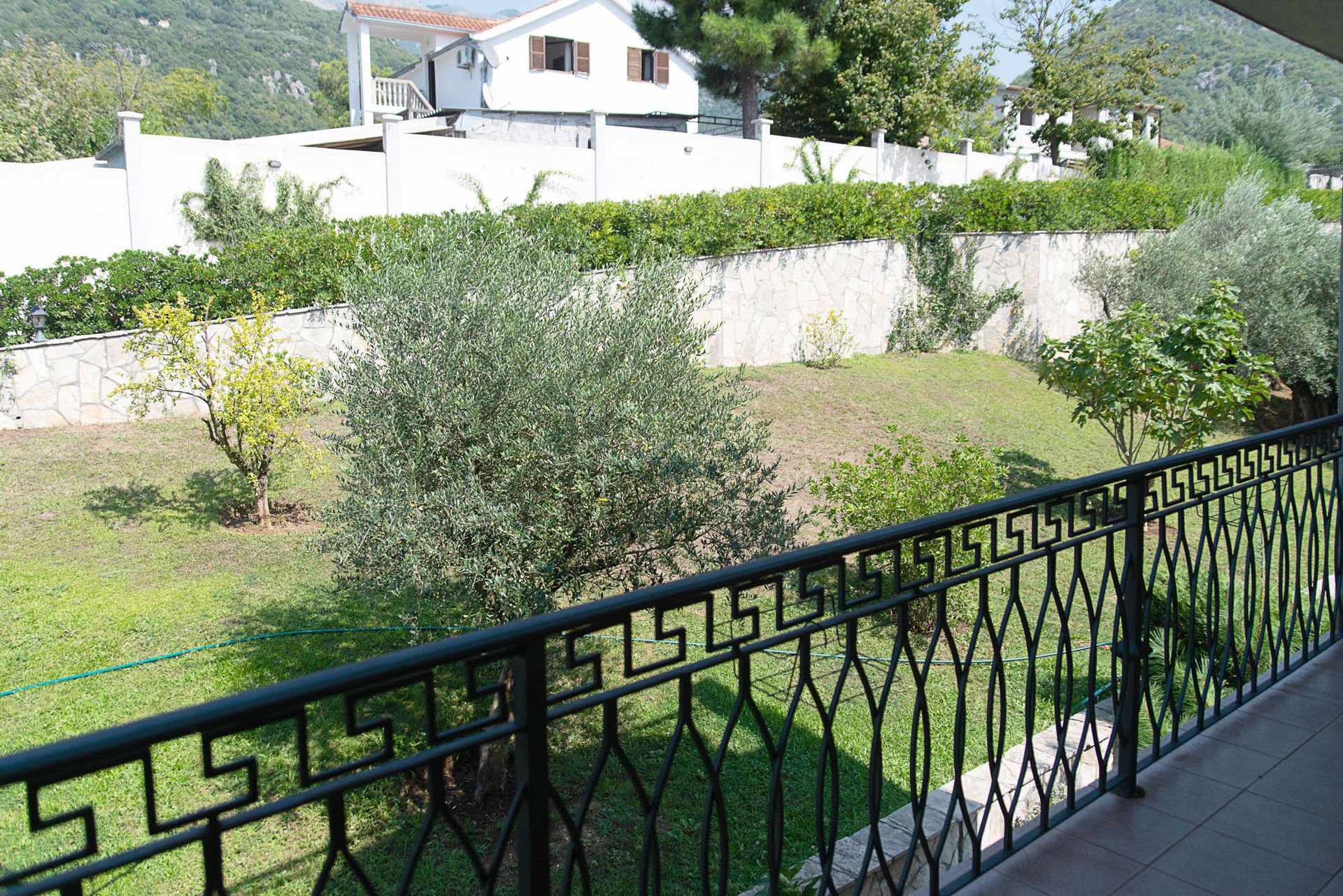 Vue depuis le balcon d’une maison de ville à Lastva, Monténégro : jardin verdoyant avec des oliviers et garde-corps en fer forgé de la terrasse.