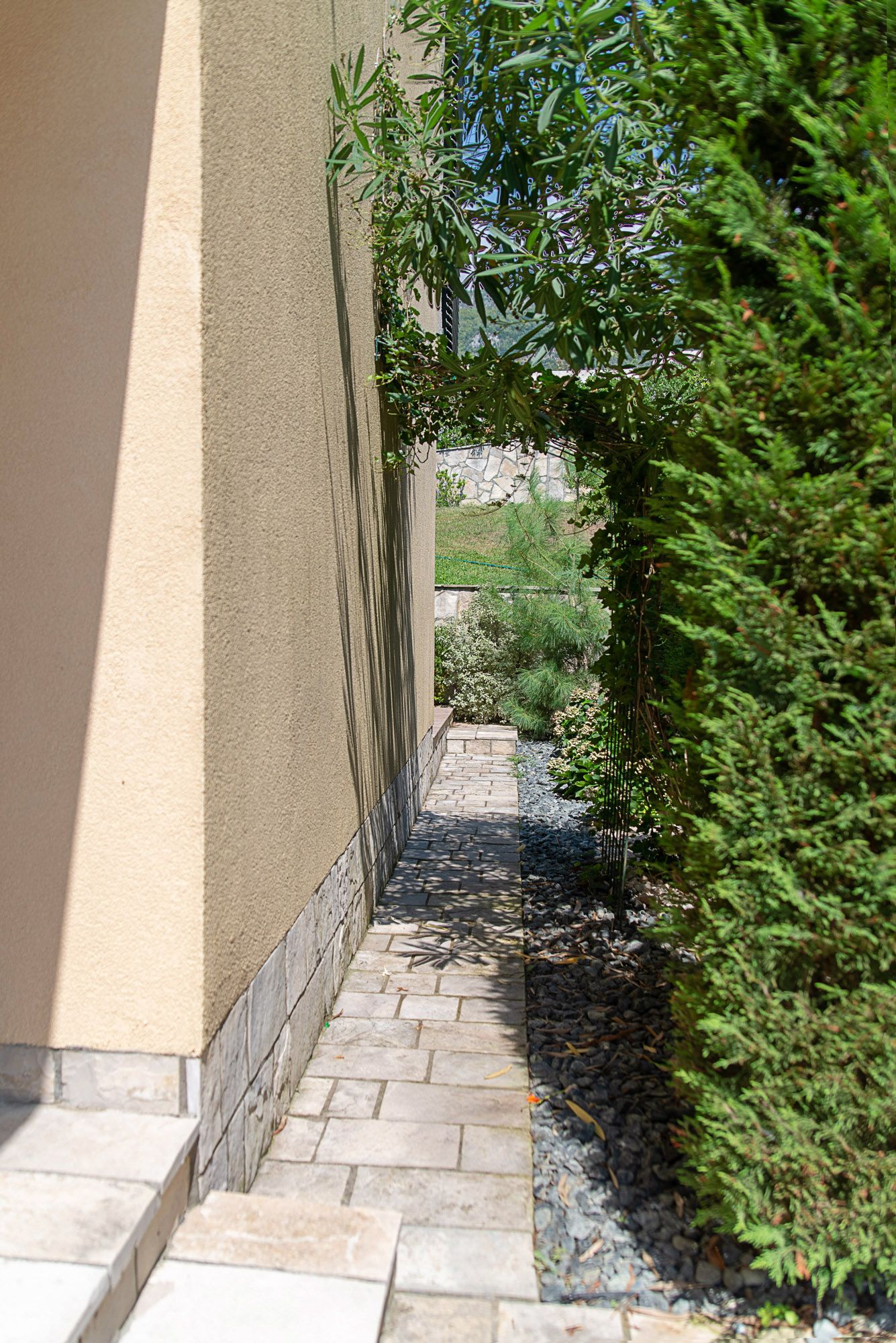 Allée de jardin bien entretenue le long du mur de la maison à Lastva, Monténégro, avec des plantes décoratives et un aménagement paysager.