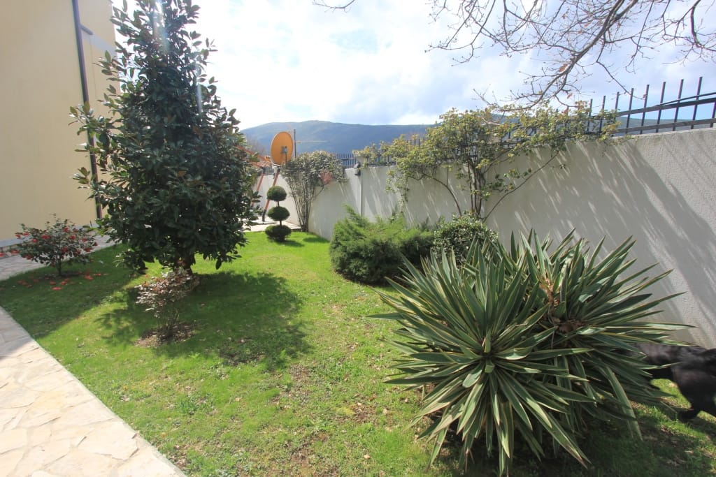 Jardin verdoyant et bien entretenu avec des plantes décoratives près d’une maison de ville à Lastva, Monténégro, avec vue sur les montagnes.