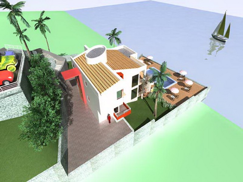 3D-Visualisierung eines Hauses in Šušanj, Montenegro: Villa mit Pool, Terrasse, Palmen und Meerblick mit Yacht.