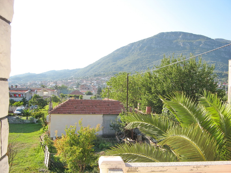 Pogled sa balkona kuće u Baru, Crna Gora: zelena bašta, palma i panorama planinskog pejzaža tokom sunčanog dana.