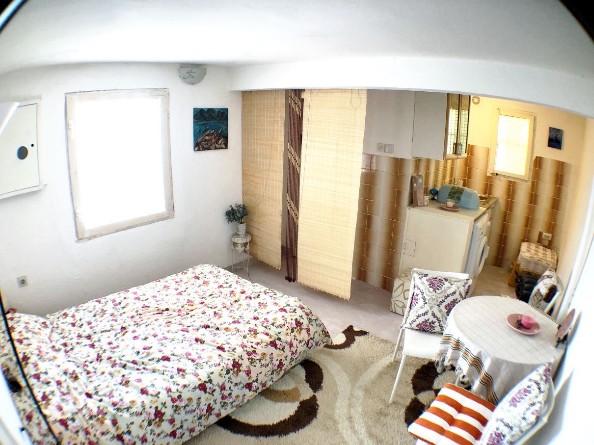Cozy living room with a bed and kitchen area in a house for sale, Risan, Montenegro: bright interior, rug, and furniture.
