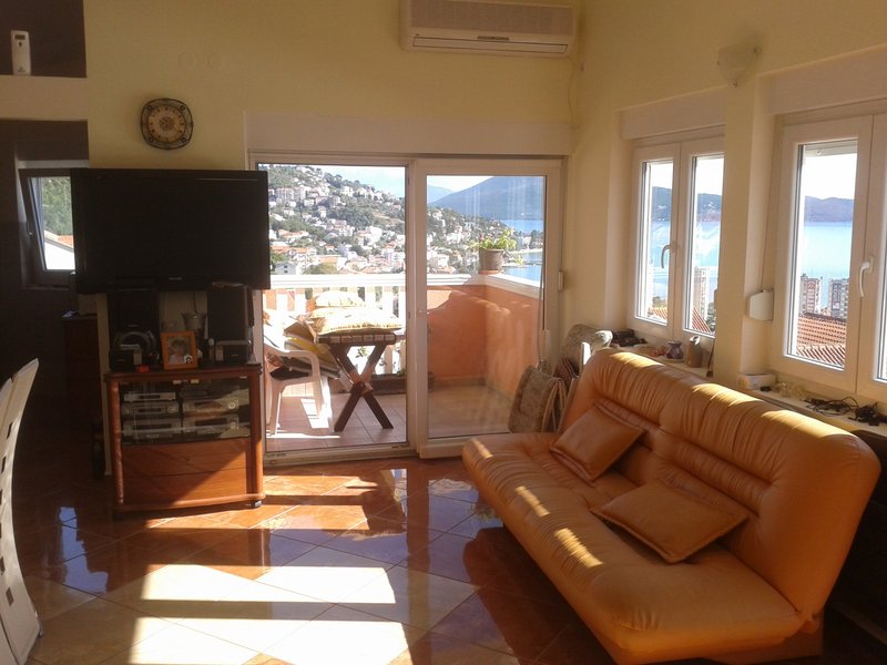 Wohnzimmer mit Ledersofa und Zugang zur Terrasse mit Meerblick in einer Wohnung in Igalo, Montenegro.