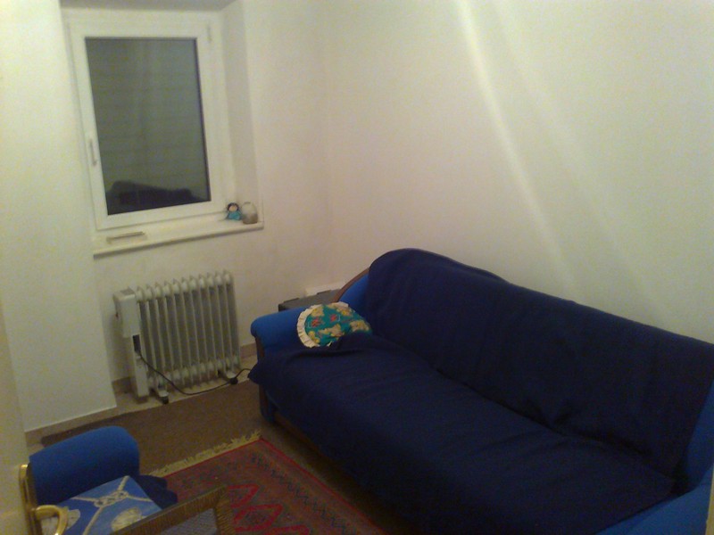 Gemütliches Wohnzimmer mit blauem Sofa und Heizung in einer Wohnung in Budva, Montenegro: helle Wände und ein Teppich auf dem Boden.