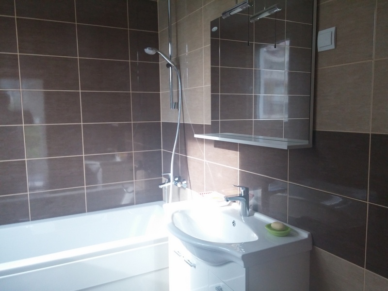 Savremeno kupatilo sa tuš kabinom i pločicama u kući u Đenovićima, Crna Gora. Enterijer kupatila sa novom sanitarnom opremom.