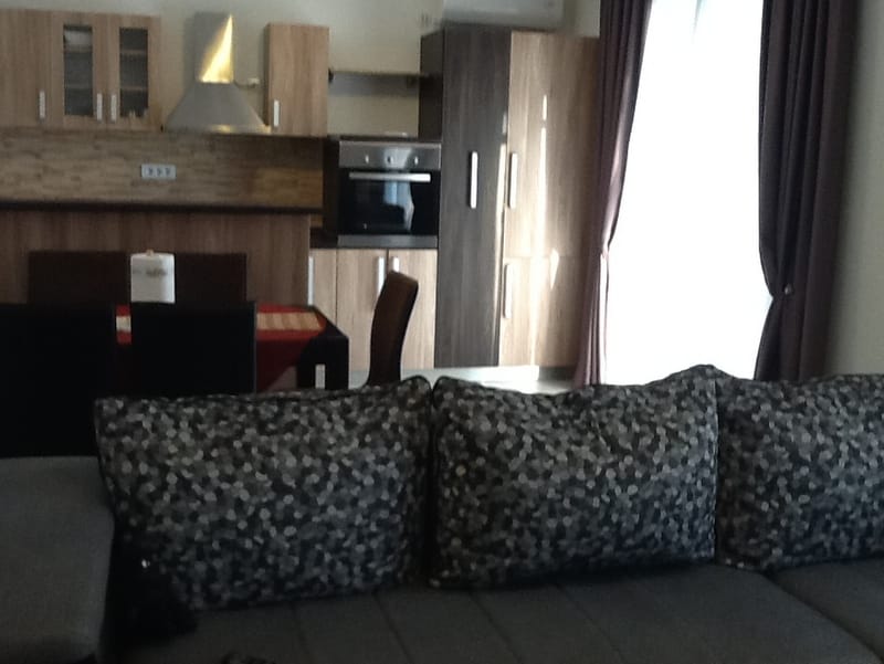 Living room with kitchen in a house in Shushan, Montenegro: modern furniture, dining area, and a panoramic window with curtains.