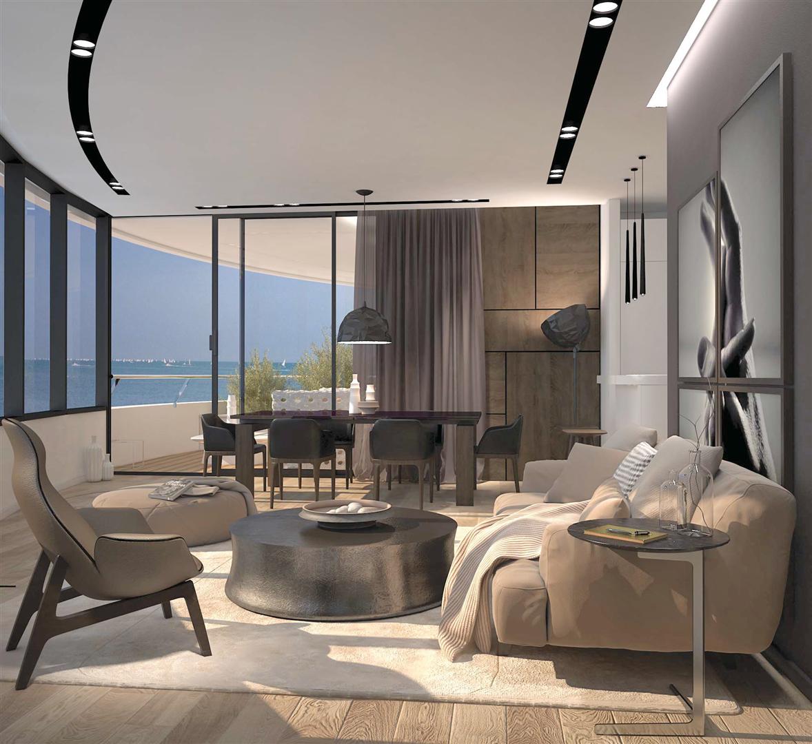 Modernes Wohnzimmer in einer Wohnung in Budva, Montenegro: Panoramablick auf das Meer, Designermöbel und stilvolles Interieur.