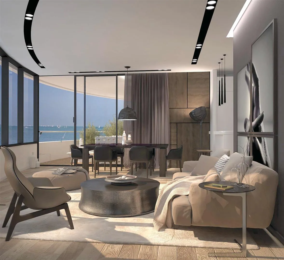 Modernes Wohnzimmer in einer Wohnung in Budva, Montenegro: Panoramablick auf das Meer, Designermöbel und stilvolles Interieur.