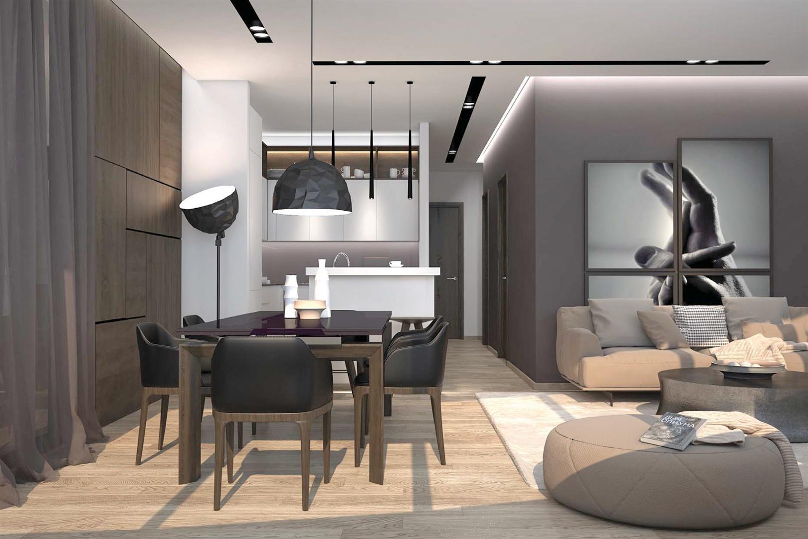 Modernes Wohnzimmer mit Küche in einer Wohnung in Budva, Montenegro: stilvolle Möbel, Essbereich und Designer-Dekor.