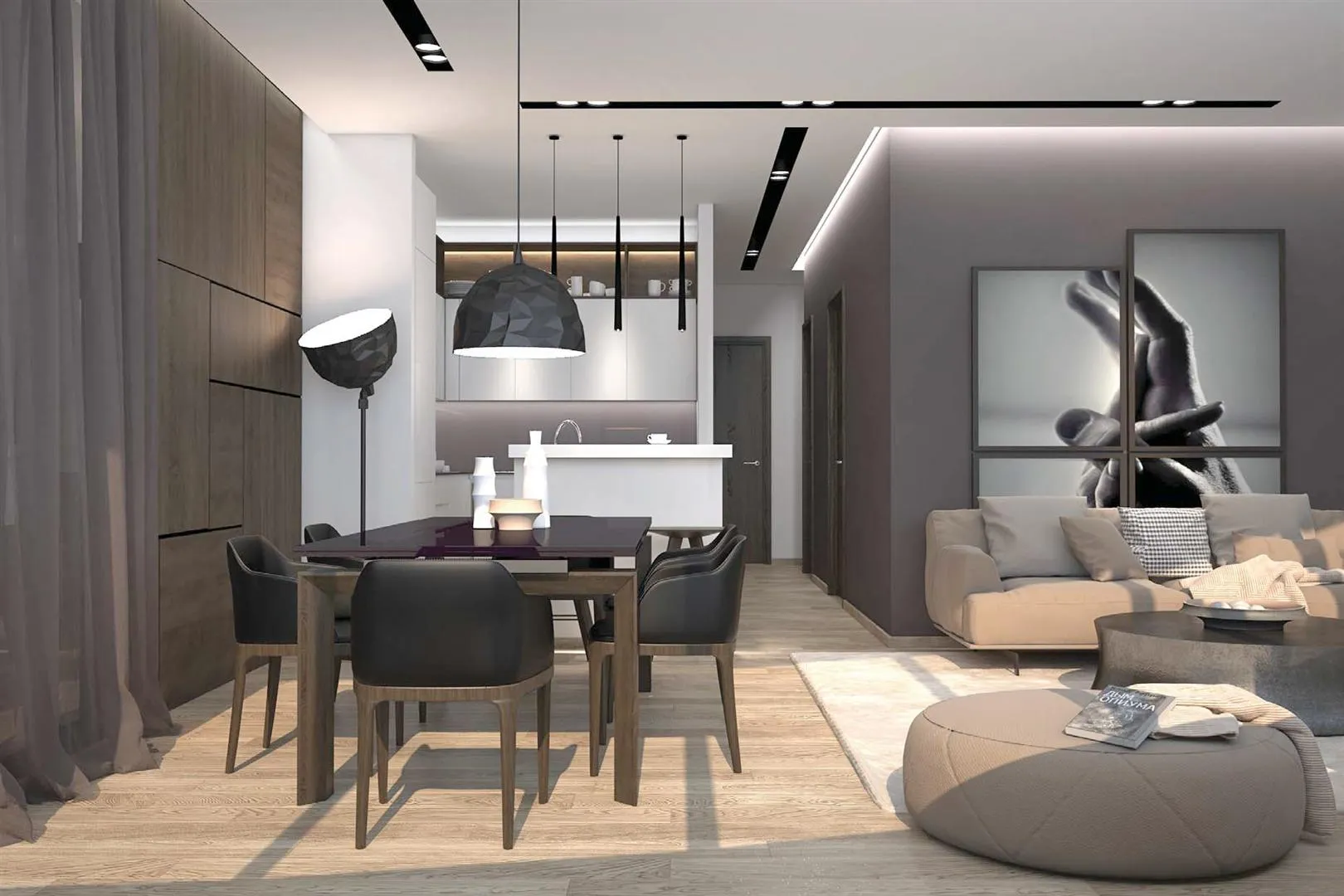 Modernes Wohnzimmer mit Küche in einer Wohnung in Budva, Montenegro: stilvolle Möbel, Essbereich und Designer-Dekor.