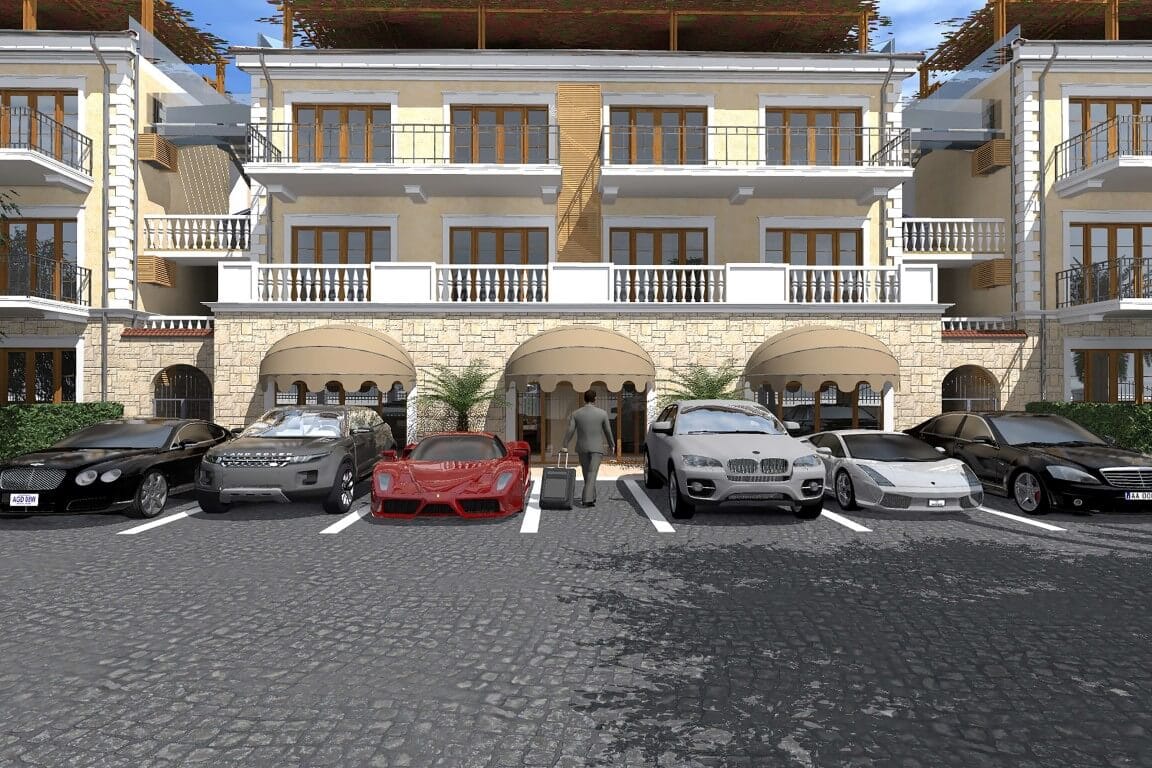 Facade of a luxury residential complex in Risan, Montenegro, with parking for premium cars and terraces.