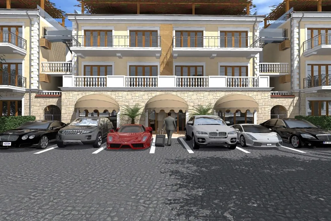 Vue extérieure d'un bâtiment à plusieurs étages avec un parking rempli de voitures de luxe et une personne marchant vers l'entrée.