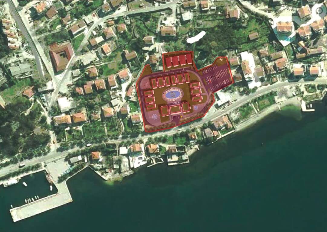 Aerial view of a building plot in Risan, Montenegro, with a project for a complex on the Adriatic coast.