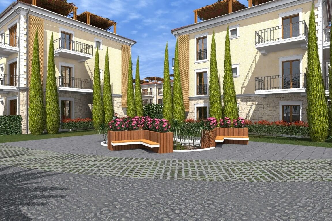 Modern residential complex in Risan, Montenegro: landscaped courtyard with a relaxation area.
