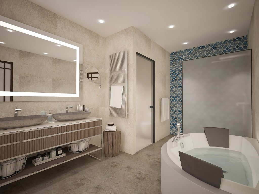 Modernes Badezimmer mit runder Badewanne und Doppelwaschtisch in einer Villa in Reževići, Montenegro. Designer-Ausstattung.