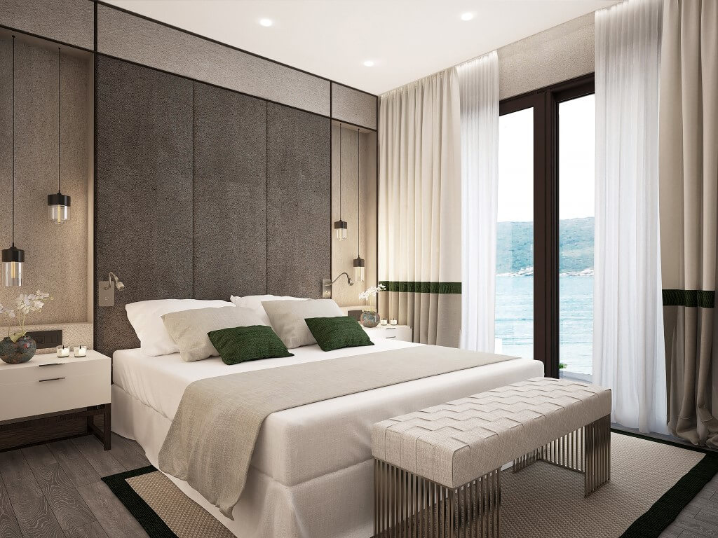 Modernes Schlafzimmer mit Meerblick in einer Villa, Reževići, Montenegro: Designermöbel, weiche Wandpaneele und Dekor.