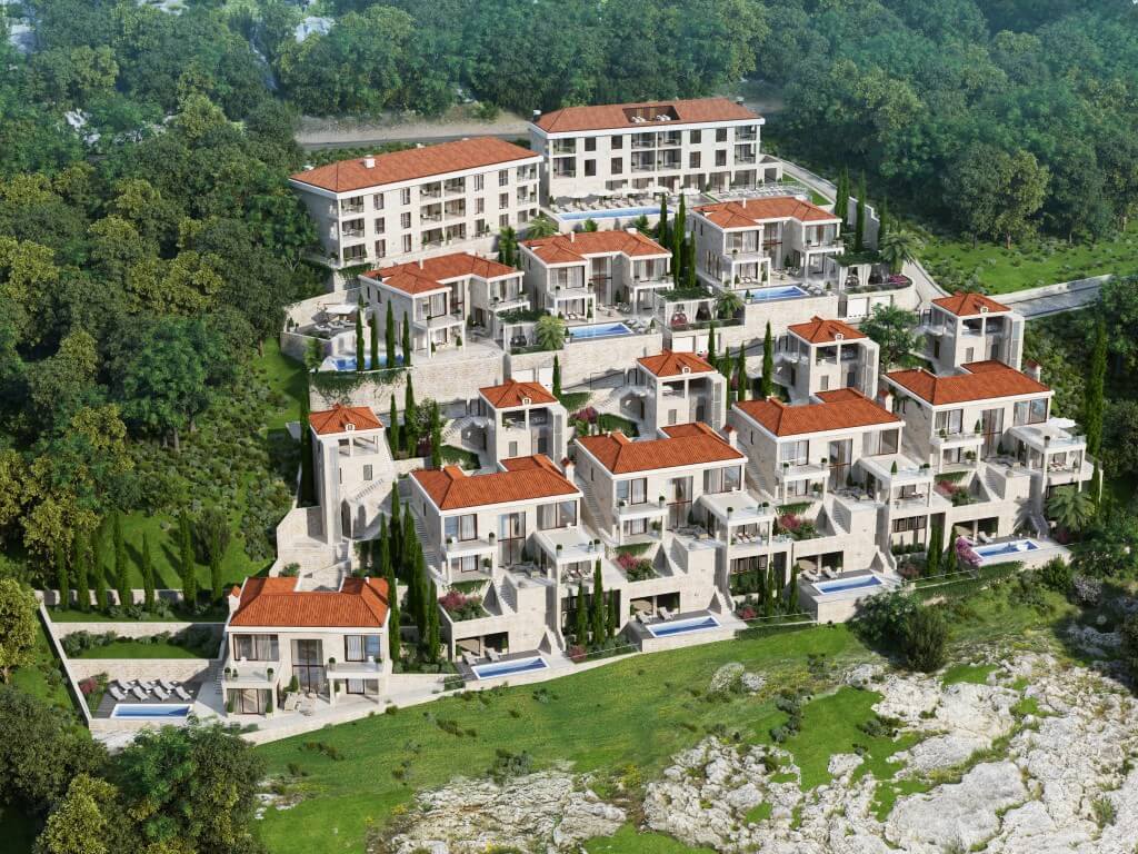 Exklusiver Wohnkomplex mit Villen und Pools in Reževići, Montenegro: Blick von oben auf Architektur und Landschaft.
