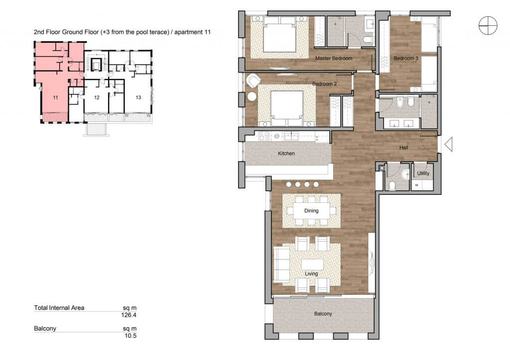 Планировка квартиры 126 м² с тремя спальнями, кухней и балконом в жилом комплексе города Тиват, Черногория.
