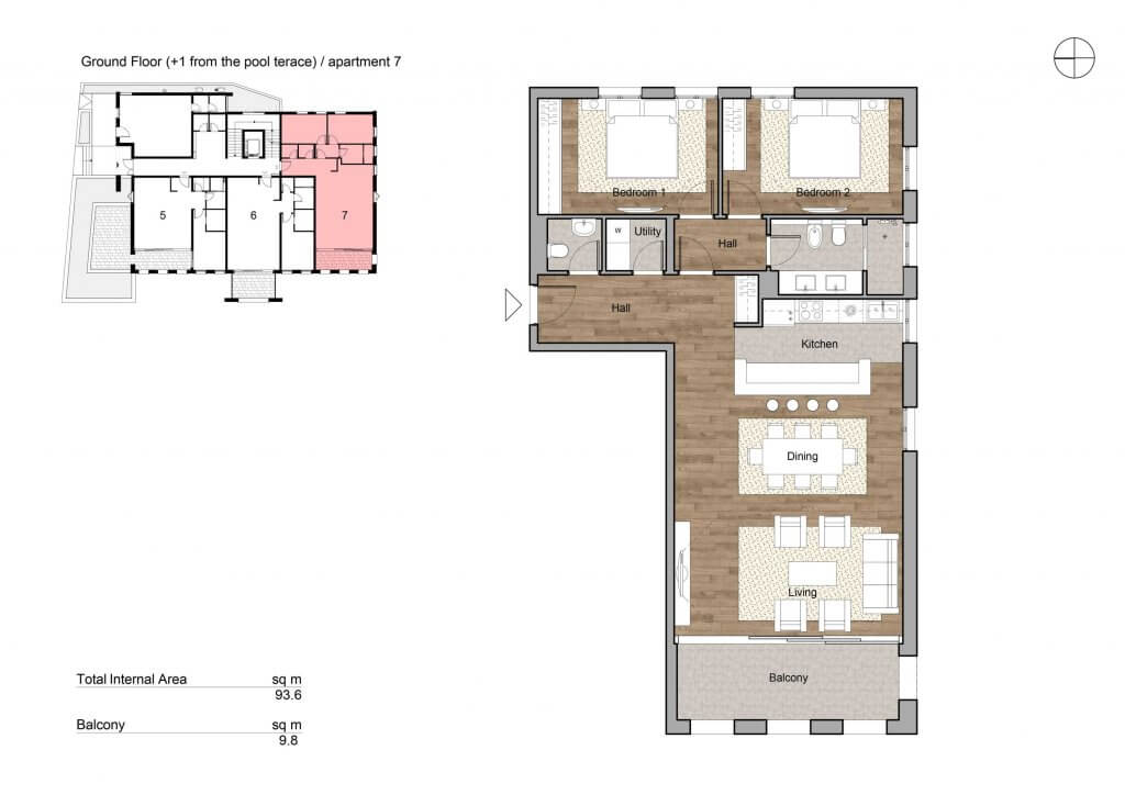 Планировка квартиры 93,6 м² с двумя спальнями, гостиной и балконом в жилом комплексе в Тивате, Черногория.