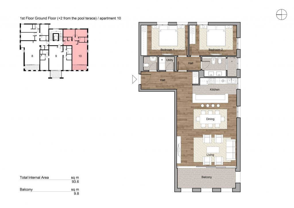 Планировка квартиры 93,6 м² с двумя спальнями, гостиной и балконом в жилом комплексе в Тивате, Черногория.