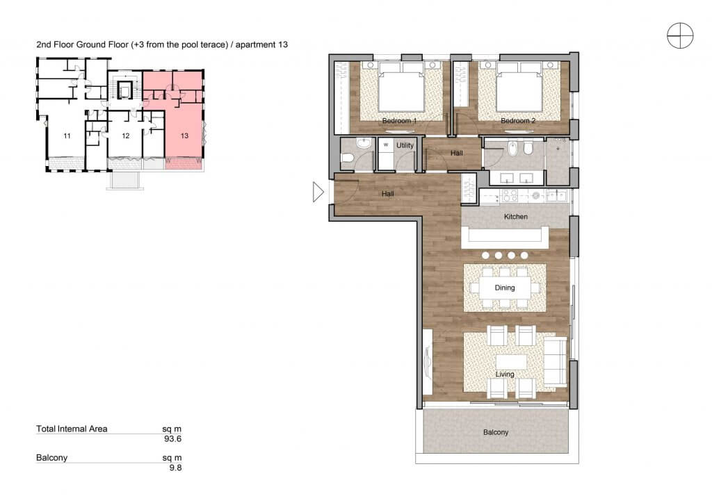 Планировка квартиры 93,6 м² с двумя спальнями, гостиной и балконом в жилом комплексе в Тивате, Черногория.
