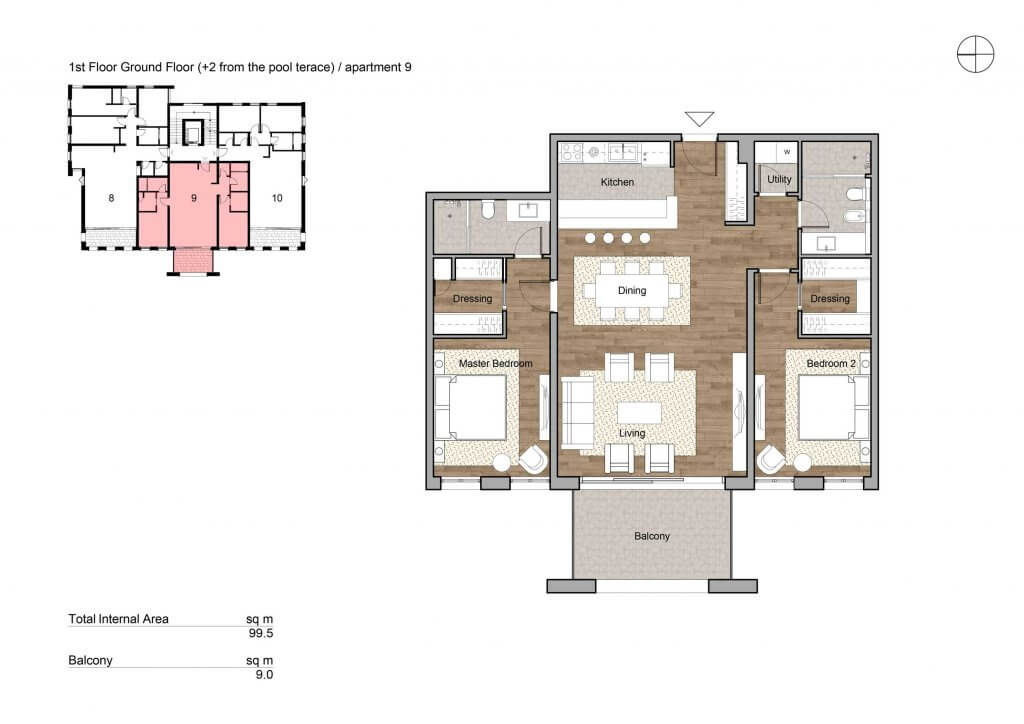 Планировка квартиры 99,5 м² с двумя спальнями, кухней-гостиной и балконом в жилом комплексе, Тиват, Черногория.