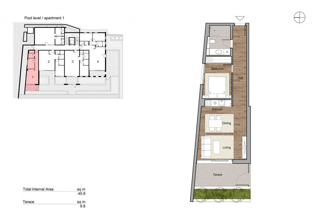 Планировка квартиры 45,9 м² с террасой в Тивате, Черногория: спальня, кухня-гостиная и санузел на уровне бассейна.