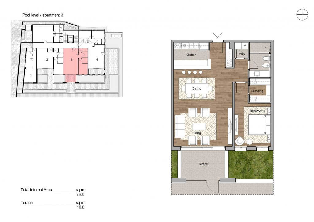 Планировка квартиры 76 м² с террасой в Тивате, Черногория: кухня-гостиная, спальня, гардеробная и санузел.