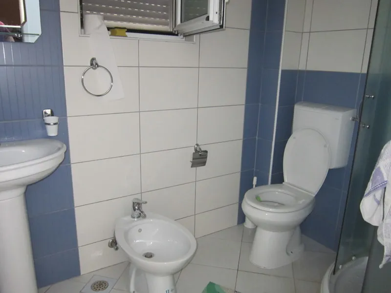 Bathroom in a house in Utjeha, Montenegro: white fixtures, bidet, shower cabin, and white-and-blue wall tiles.