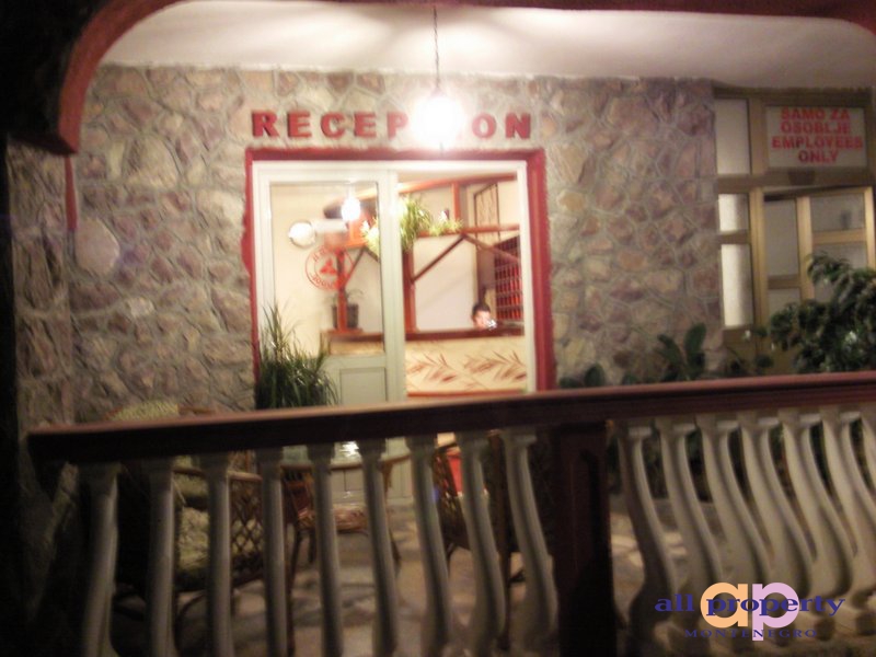 Recepcja hotelu w Barze, Czarnogóra: kamienna elewacja, taras z balustradą i plecione meble.