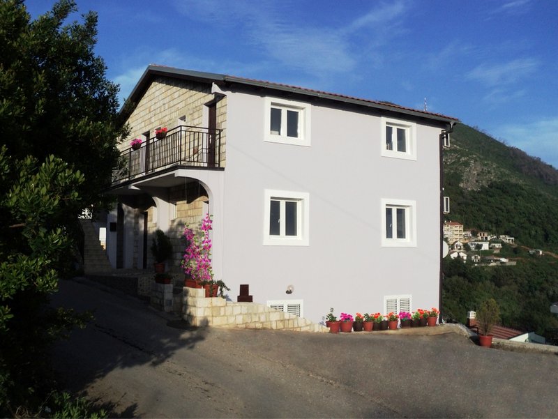 Karadağ, Budva’da iki katlı villa: taş ve açık renk sıvalı cephe, balkon ve girişte çiçekler, dağ manzarası.