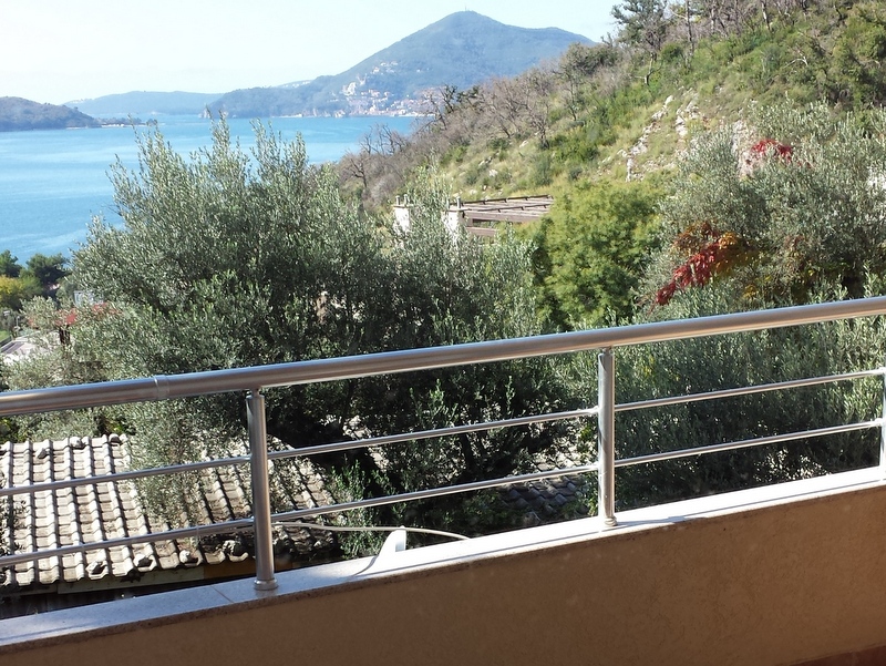 Blick vom Balkon der Wohnung in Pržno, Montenegro: Panorama auf das Meer, die Berge und Olivenbäume mit Metallgeländer.