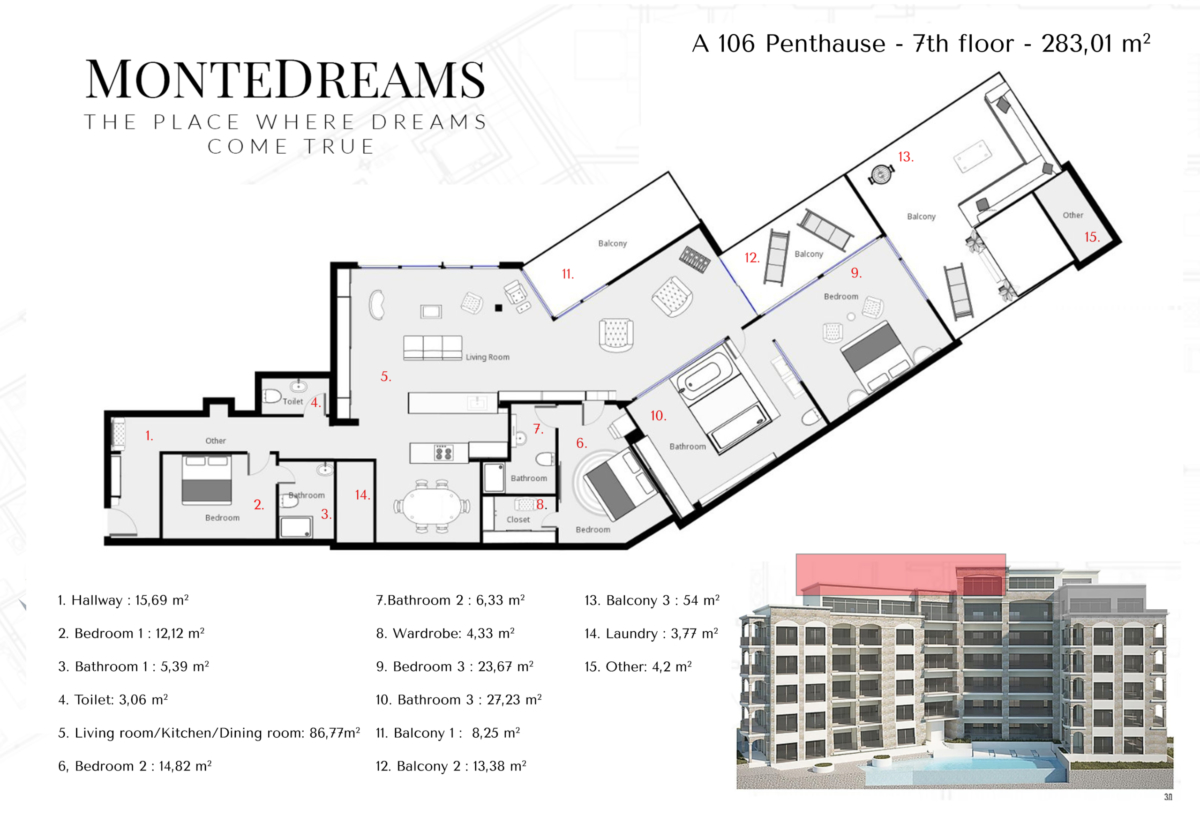 MonteDreams, Bečići, Karadağ’daki 283 m² penthouse’un planı: 3 yatak odası, geniş oturma odası ve üç balkon.