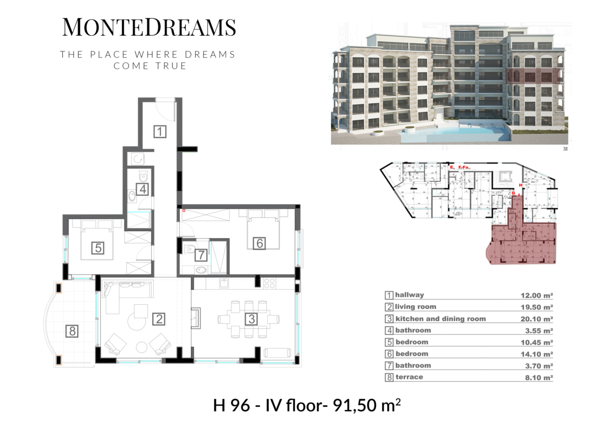 MonteDreams, Bečići, Karadağ’daki 91,5 m² dairenin planı: iki yatak odası, oturma odası, mutfak ve 4. katta teras.