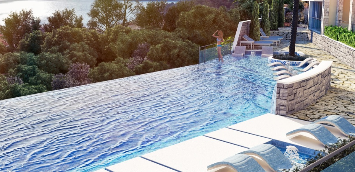 MonteDreams konut kompleksinde deniz manzaralı sonsuzluk havuzu, Bečići, Budva Rivierası, Karadağ.